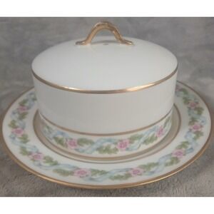 GDA Limoges France Porcelain Covered Butter Dish Pink Floral Blue Ribbon Gold